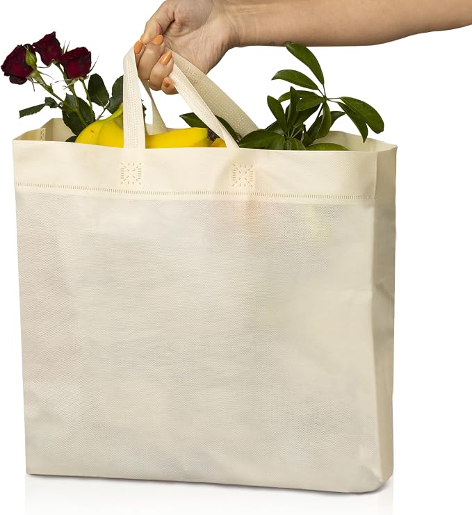 Simply Cool 50 Pack Reusable Grocery Bags, Medium Tote Bags Bulk, Cream | 12.6"x6.3"x11.8" Heavy Duty Non-woven Custom Shopping Bags with Handles, Foldable, Washable for Retail and Commercial use