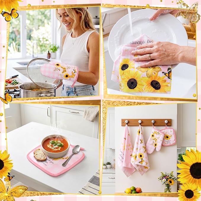 Fourluoo 10 Pcs Sunflower Kitchen Decor and Accessories Pink Kitchen Towels Rugs Oven Mitts and Pot Holders Set Sunflower Decorations Set for Cooking Baking Grilling Mom Gift Home
