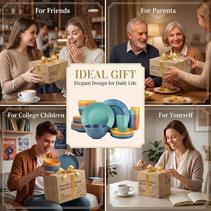 PYRMONT 40 PCS Wheat Straw Plates and Bowls Set Unbreakable Dinnerware Set Dishes for 8-Plate Sets,Cups Set,Microwave & Dishwasher Safe Bowls Set for Party,Family Gathering,RV-Multi
