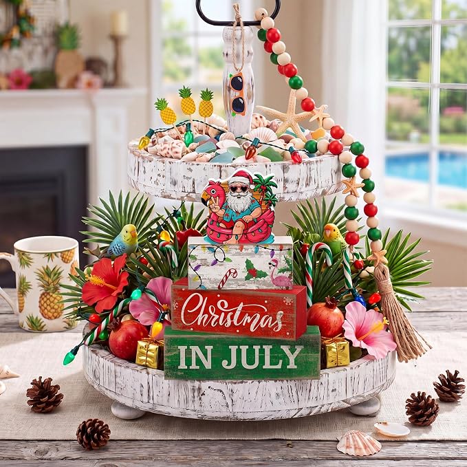 Lineshading 4 Pcs Christmas in July Table Decor Summer Santa Wooden Signs | Tropical Christmas Tiered Tray Decor Farmhouse Stacked Santa Flamingo Palm Tree Beach Party Supplies Shelf Home Office