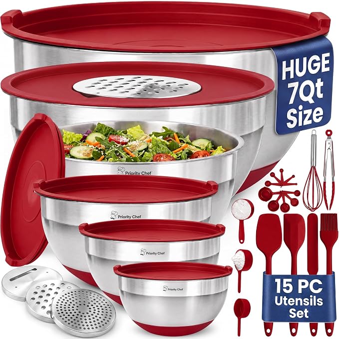6Pc Stainless Steel Mixing Bowls with Lids Set, Huge 7 Qrt Size Metal Bowl Set for Kitchen, 3 Graters, Non-Slip Bases & Silicone Utensils Set, Red