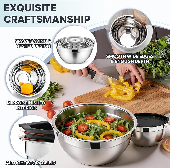E-far Mixing Bowls with Lids Set, Stainless Steel Cooking Salad Bowl, Black | 10-Piece Metal Nesting Bowls with Airtight Lid for Kitchen Storage, Baking & Prepping, Dishwasher Safe, 0.7/1.5/2.1/3/4.6 QT