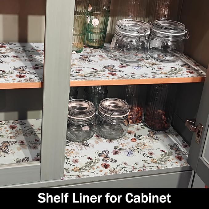 Floral Shelf Liners Non Adhesive Strong Non-Slip 16IN x 20FT | Shelf and Drawer Liners for Kitchen Cabinet Wire Fridge, Waterproof Shelf Drawer Liner,Easy to Clean,Butterfly