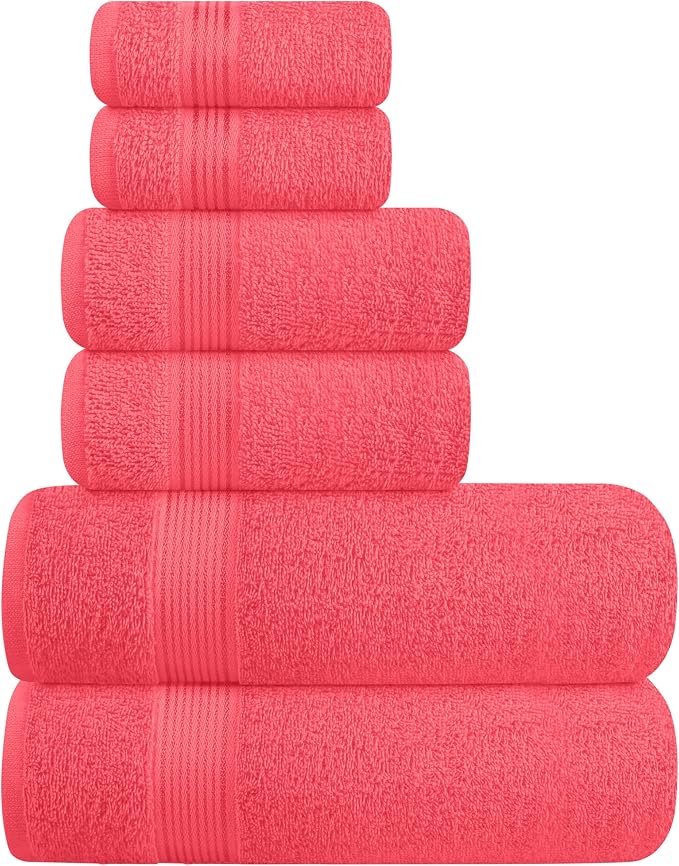 Ultra Soft 6 Pack Cotton Towel Set, Contains 2 Bath Towels 28x55 inch, 2 Hand Towels 16x24 inch & 2 Wash Coths 12x12 inch, Ideal for Everyday use, Compact & Lightweight - Coral Orange