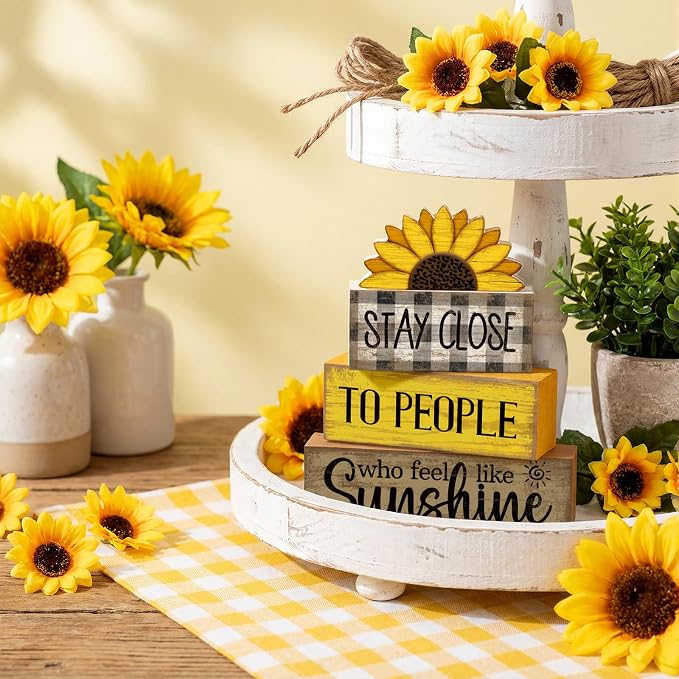Lineshading 4 Pcs Sunflower Wooden Block Signs Farmhouse Tabletop Decor | Rustic Tiered Tray Decor for Home, Indoor Summer Table Decorations with Inspirational Quote, Farmhouse Gift