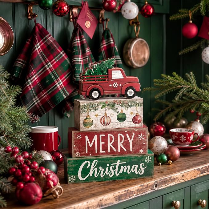 Lineshading 4 Pcs Christmas Table Decor, Red Truck Tree Block Sign Home | Red Truck With Pine Tree, Christmas Centerpiece For Tiered Tray, Rustic Wood Stack Sign, Holiday Kitchen Shelf Home Decor