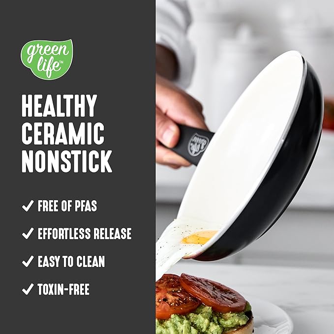 GreenLife 16 Piece Ceramic Nonstick Pots & Pans Cookware Set, Black & Cream | PFAS-Free Nonstick Coating, Stockpot, Frying Pans, Saucepans, Sauté Pan, Stay-Cool Handles, Dishwasher & Oven Safe up to 350F