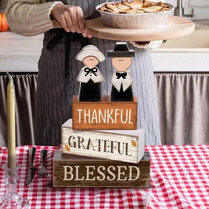 Lineshading 4 Pcs Wooden Fall Pilgrim Block Signs Tabletop Decor | Thanksgiving Home Decorations, Rustic Tiered Tray Accents, Thankful Grateful Blessed Text, Pilgrim Couple Figurines