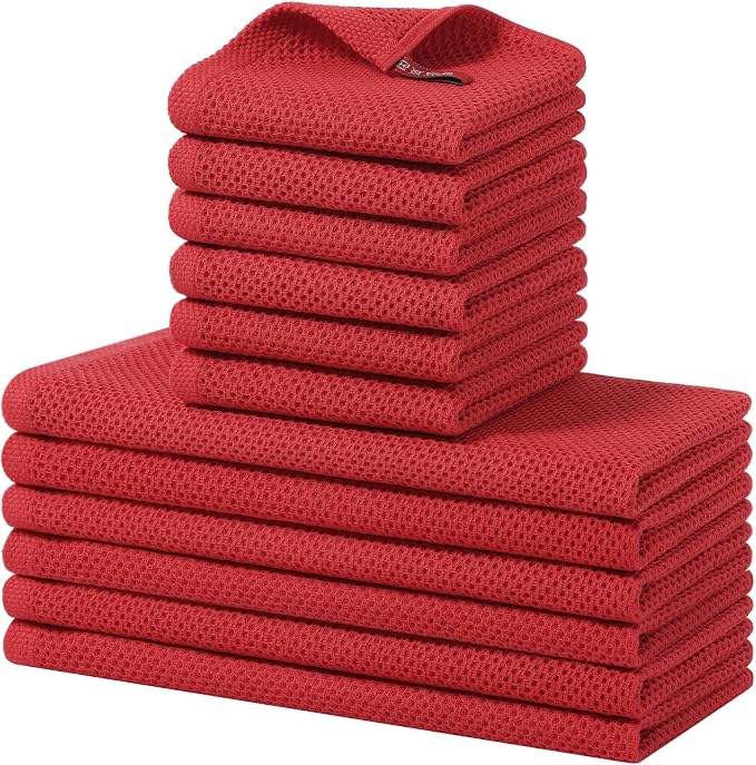 Homaxy 12 Pack 100% Cotton Kitchen Towels and Dishcloths Set, Red | 12 x 12 Inches and 13 x 28 Inches Kitchen Towels Set, Ultra Soft Absorbent Dish Cloths for Washing Dishes