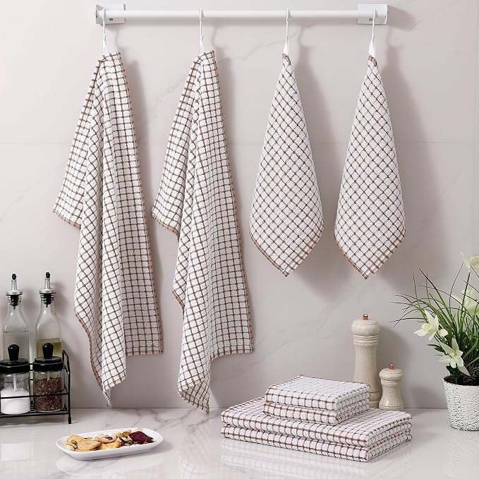 Homaxy Kitchen Towels and Dishcloths Set, Set of 8, Brown | Cotton Terry Kitchen Dish Towels, Super Soft and Absorbent Dish Cloths, 16 x 25 and 12 x 12 Inches