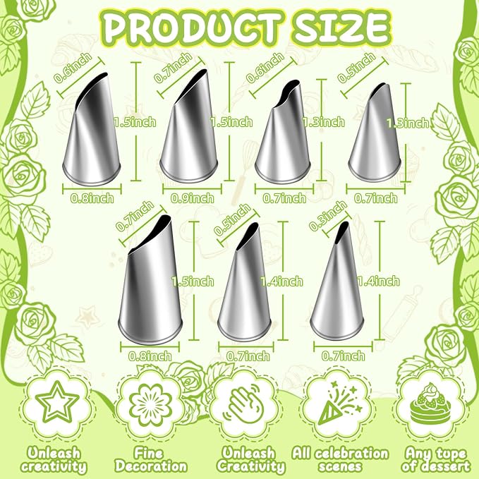 Hendiy 7 Pieces/Set Stainless Steel Cake Decorating Tips Set | Cream Icing Piping, Fondant Rose Nozzle, Pastry Tools