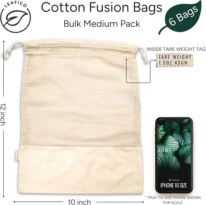 Reusable Produce Bags – 100% Cotton Mesh & Solid Hybrid (Medium 10x12 inch 6 Pcs) – Reusable Grocery Bags for Apples, Carrots, Bulk Vegetables – Washable, Plastic-Free, Breathable, Zero Waste