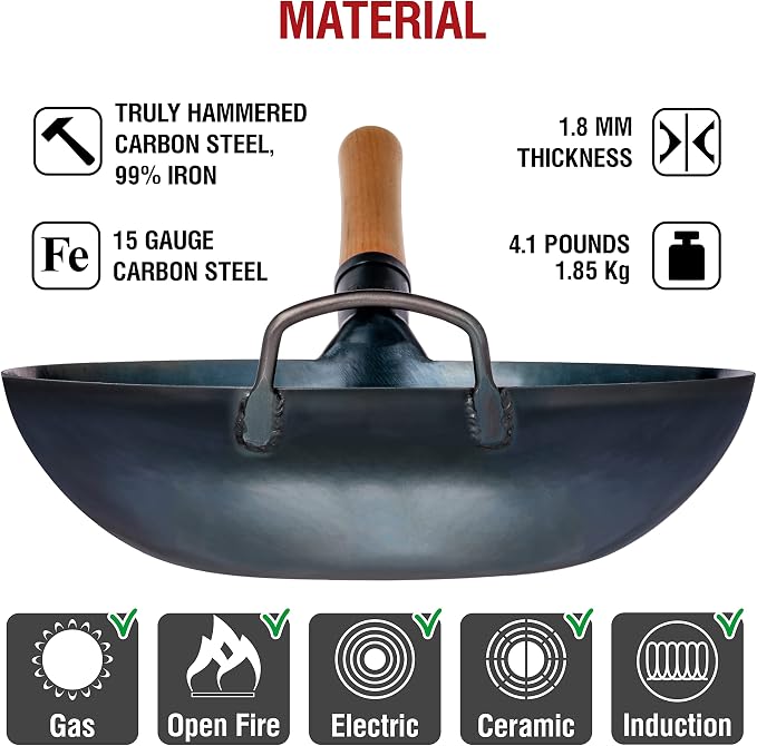 YOSUKATA 13.5” Blue Carbon Steel Wok Pan – Pre-Seasoned Flat Bottom Wok Compatible with open fire, gas, electric, ceramic, induction cooktops -Traditional Chinese Pan for Stir Fry, BBQ, Grill, Camping
