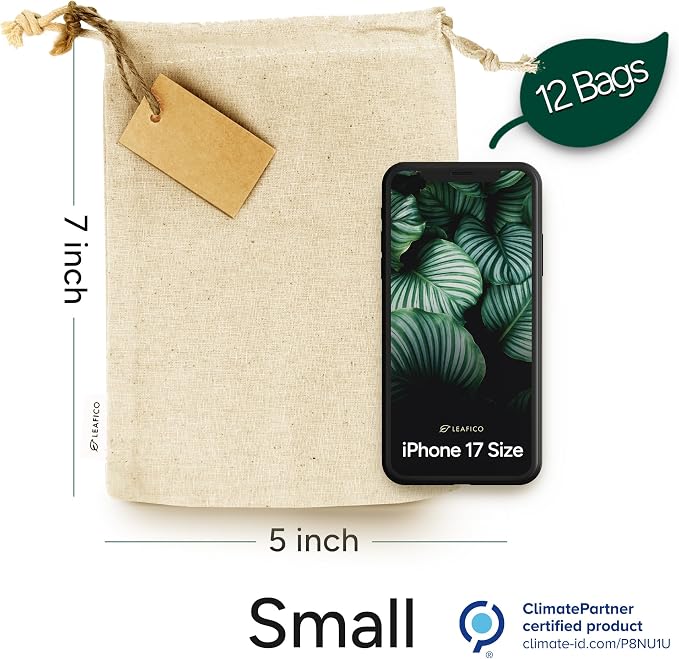 Organic Cotton Reusable Produce Bags - Small 5x7 (12 Pack) - Biodegradable Eco-Friendly Bulk Bin Sacks for Food - Cloth Bags with Drawstrings - Linen Pouch for Fruit, Vegetable Storage