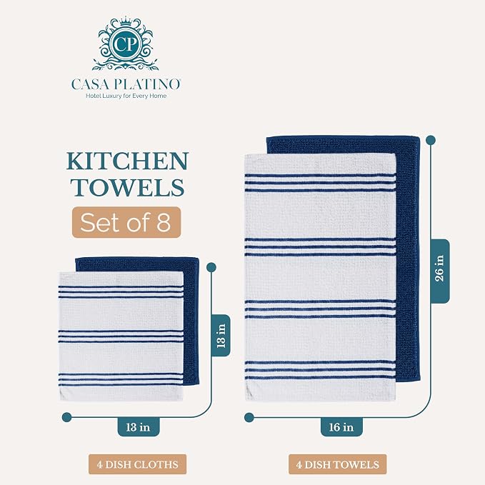 Casa Platino Kitchen Towel Set 8 Pc 4 Dish Cloths (13"x13") & 4 Kitchen Towels (16"x26") - Absorbent, Quick Dry, Soft, Durable Dish Rags With Hanging Loop for Wiping Surfaces & Drying Dishes - Blue.