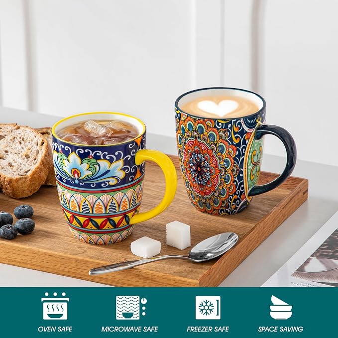 vancasso SIMI 12 oz Coffee Mugs Set of 6, Ceramic Mug with Handle, Boho | Coffee Cups for Latte, Tea, Cappuccino & Hot Chocolate, Easy-Grip Mug, Dishwasher & Microwave Safe, Bohemian Gift Set