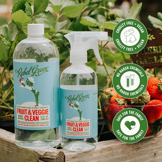 Rebel Green Fruit & Veggie Clean, Plant-Derived Produce Cleaner | Natural Fruit and Vegetable Wash with No Aftertaste, Dirt & Wax Removal, 16 fl oz Bottle and 64 fl oz Refill Bottle