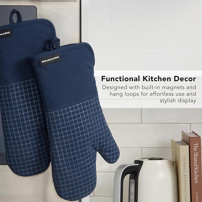 KITCHENAID Gourmet Series Gridlines Oven Mitts 2-Pack Set, Heat Resistant up to 600°F, Soft Silicone Grip, Magnetic Cuff, Ink Blue, 7"x14"