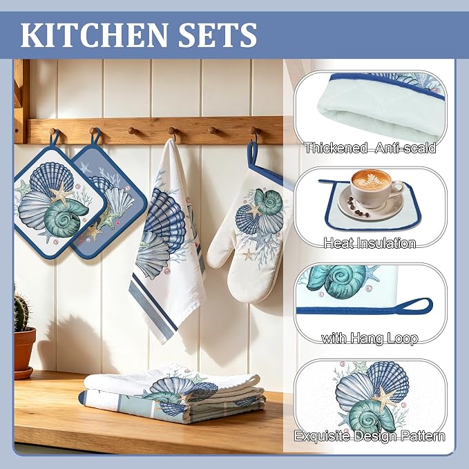 8 Pcs Kitchen Towels Pot Holders and Oven Mitt Set Kitchen Accessories 4 Dish Towels 2 Absorbent Square Potholders 2 Heat Resistant Glove for Cooking Baking Home (Blue(Beach Coastal))