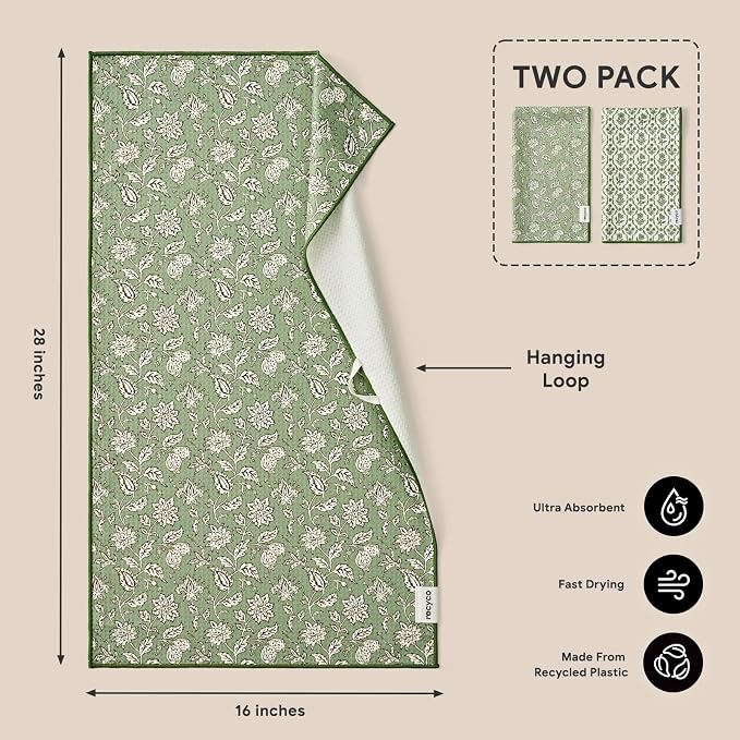 RECYCO Waffle Kitchen Towel Set of 2 - Quick Dry Microfiber Sustainable Dish Towels - Ultra Absorbent Reusable Cleaning Tea Towels - Lightweight Hand Towels,16”x 28”, Thyme & Vine