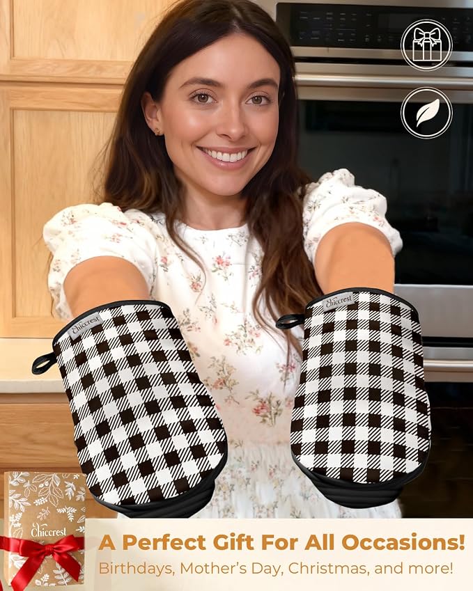100% Thick Cotton Oven Mitts Ribbed Soft Silicone Black Gingham | Aesthetic Oven Mitts for Women, Machine Washable Non-Slip Kitchen Mitts, Reversible for Both Hands, Stylish Kitchen Decor