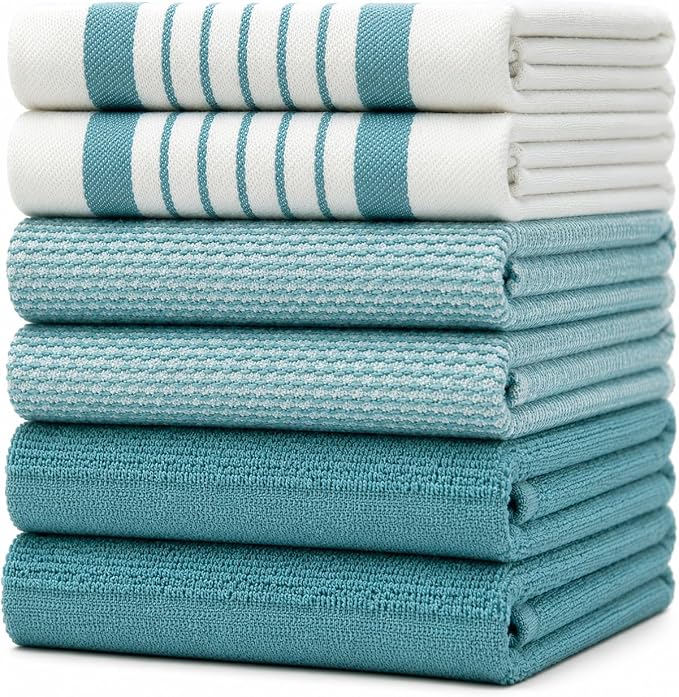 Premium Kitchen Towels 6 Pack 100% Cotton, 20"x28" Dish Towels - Aqua | Large Flat & Terry Kitchen Linen Set with Hanging Loops, Highly Absorbent for Washing and Drying Dishes