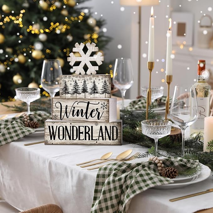 Lineshading 4 Pcs Winter Block Signs Wooden Farmhouse Tiered Tray Decor | Snowflake Design Stackable Blocks, Tabletop Shelf Mantel Display, Rustic Distressed White Finish, Farmhouse Holiday Decor