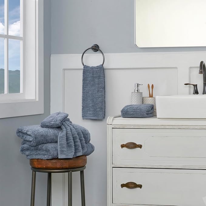 SKL Home CloudSoft Bath Towel Set, 6-Piece, 100% Cotton Luxury, Smoke Blue | 2 Bath towels, 2 hand towels, 2 washcloths. Premium spa-level quality. 600/520 GSM weight. Ultra plush & absorbent.
