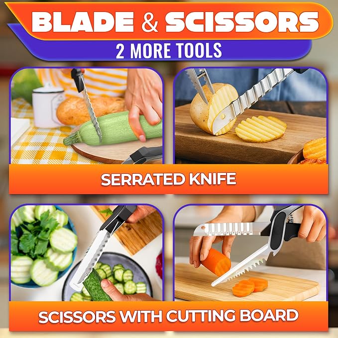 6 in 1 Cutting Board Scissors for Food, Detachable Knife | Cheese Scissors with Built-In Fish Scaler, Bottle Opener and Safety Lock; Dishwasher Safe, Ribbed Blade for Meat & Vegetables