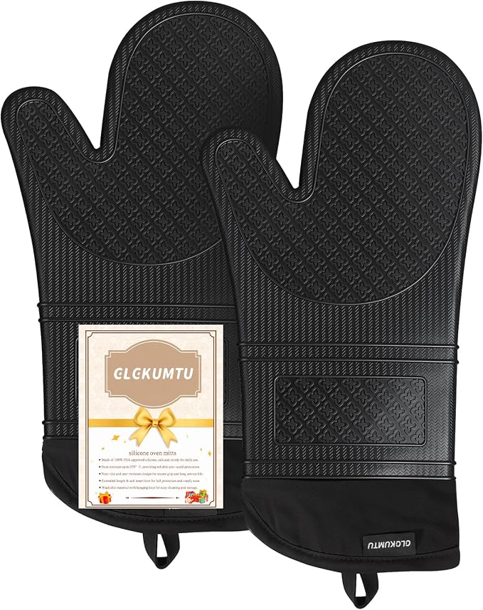 Silicone Oven Mitts, 14.2" Extra Long, Heat Resistant, Black | Heat resistant up to 570°F, wrist and forearm coverage, non-slip grip, waterproof exterior, 2-pack