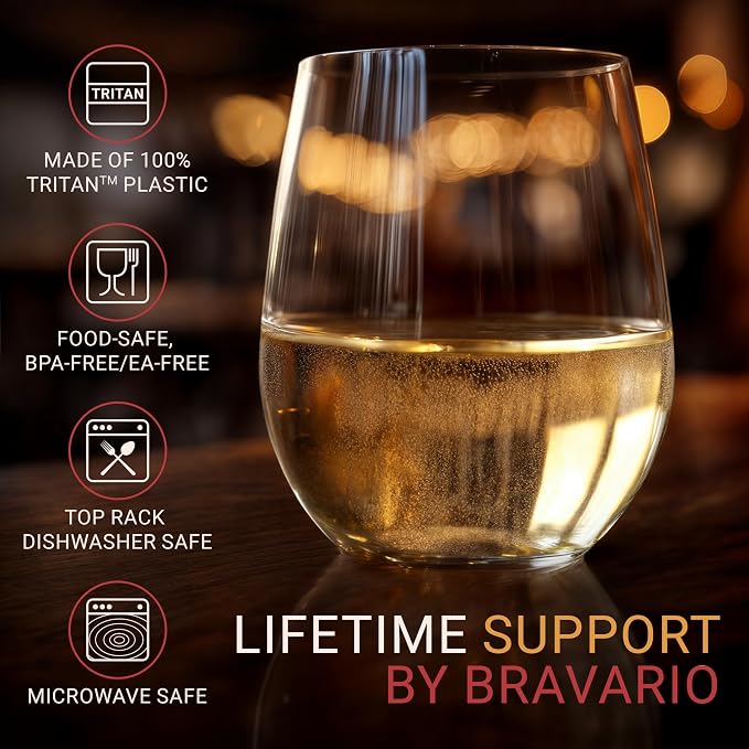 Bravario Unbreakable Stemless Plastic Wine Glasses | Reusable | Shatterproof 100% Tritan Plastic | Dishwasher-Safe | BPA-free | Awesome for Indoor & Outdoor | 13 oz, Set of 4
