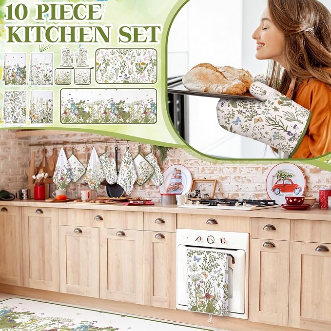 Fourluoo 10 Pcs Wildflower Kitchen Decor Set Grass Dish Towels Kitchen Rugs Oven Mitts and Pot Holders for Cooking Baking Grilling Women Mom Gift