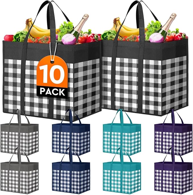 Reusable Grocery Shopping Bags 10 Pack Large Foldable Tote Bags Bulk | Eco Produce Bags with Long Handle for Shopping Groceries Clothes (Plaid A)
