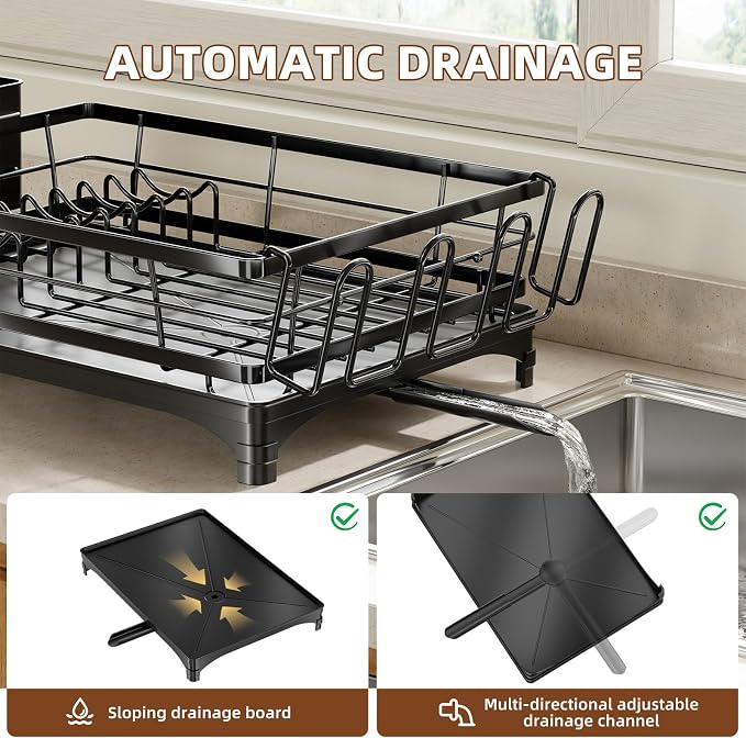 Simple Trending Dish Drying Rack for Kitchen Counter, Stainless Steel Dish Rack, Large Dish Drainer Organizer with Cutlery Holder & Cup Holders, Black