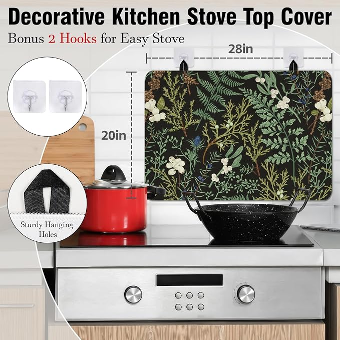Boho Stove Top Cover for Electric Stoves,Botanical Fern Plant Floral Black Farmhouse Stove Top Cover for Kitchen Decor,Heat Resistant Cooktop Protector Mat,Non-Slip Washable Dish Drying Mat 28"x20"