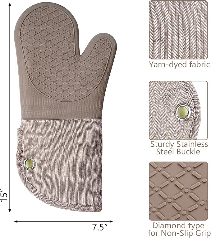 Professional Microwave Silicone Oven Mitts one Pair, Kitchen Mitten Set | Heat Resistant with 500 Degrees Oven Gloves Pot Holder for BBQ Cooking Baking (Khaki)