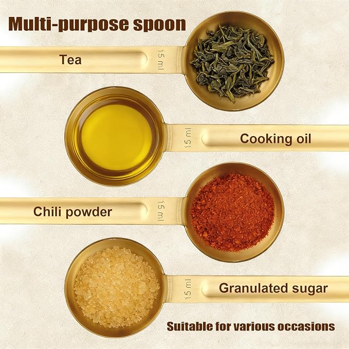 Double Sided Measuring Spoons, Stainless Steel Gold Coffee Teaspoon | 1 Tsp (5ml) & 1 Tbsp (15ml) Dual-Measure Long-Handle Tablespoon for Milk Coffee Making