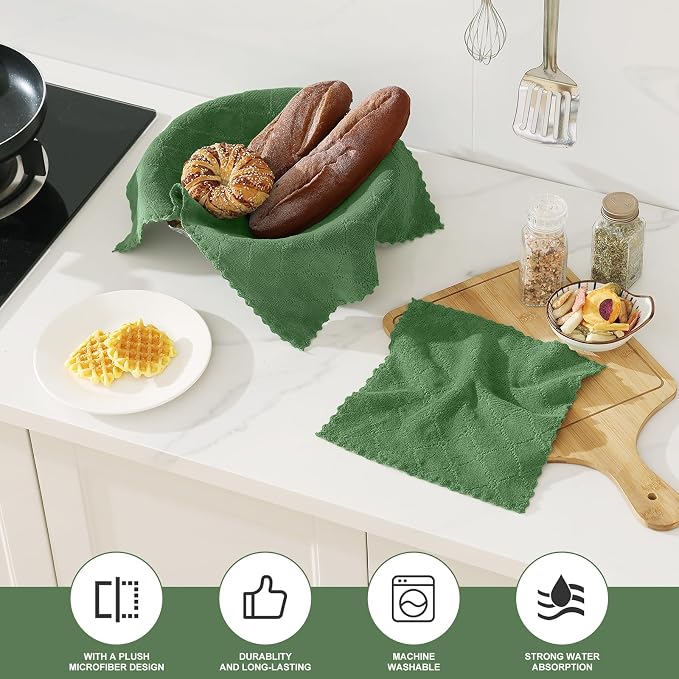 Homaxy Super Soft 12 Pack Kitchen Towels and Dishcloths Set, Grass Green | Ultra-Absorbent, 10 x 10 and 13 x 19 Inches, Coral Velvet, No Lint, Nonstick Oil, Fast Drying, Microfiber Cleaning Cloth