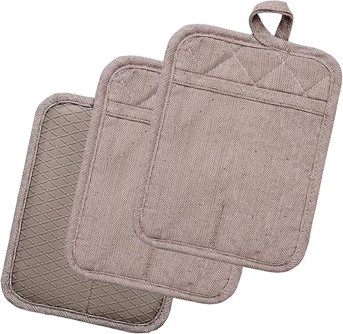 Pot Holders Yarn-Dyed Set of 3 Non Slip Silicone Kitchen Lines | Heat Resistant 500℉ Kitchen Gloves BBQ Cooking Baking Women Men Cooking Barbecue Microwave Machine Washable (Khaki potholder)