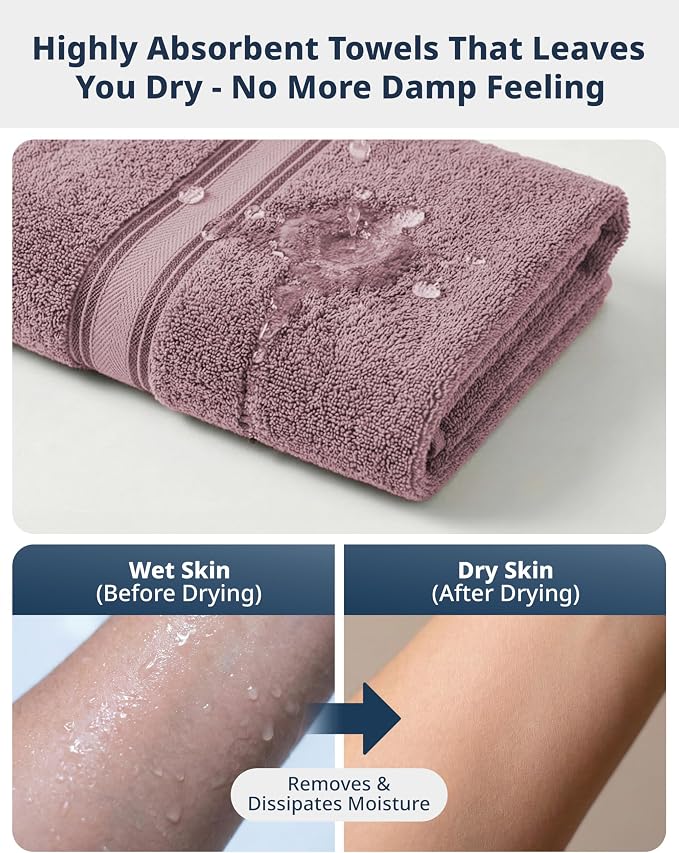 LANE LINEN Bath Towel Set Absorbent Quick Dry 100% Cotton - Wishful Mauve | Towel Sets For College Dorm - OEKO-TEX Certified, Zero-Twist Durability, Zero-Twist Cotton, Terry Weave Comfort