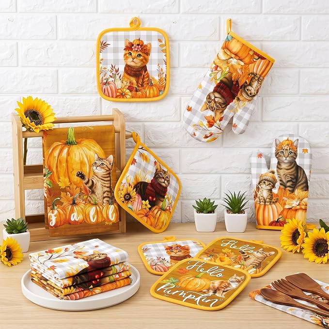 Silifine 12 Pcs Fall Pumpkin Cat Pot Holders Oven Mitts Kitchen Towels Set | Autumn Thanksgiving Decoration, Maple Kitten Design, Cooking Baking Use, Housewarming Hostess Gifts, Fall Kitchen Accessories