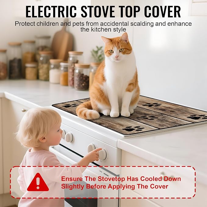 NYZE 28" x 20" Glass Stove Top Protector Mat Anti-Scratch Electric Stovetop Cover, Cute Paw Print Kitchen Dish Drying Mat & Extra Countertop Extension