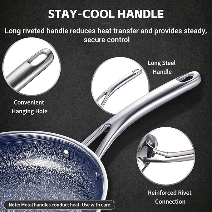 Ammeloo Hybrid Tri-Ply Stainless Steel Frying Pans Set, 8"/9.5"/11" Cooking Pans, Non Stick Frying Pans and Skillets, Chef Pan, Non Toxic, Dishwasher Safe, Induction Compatible, Blue Interior