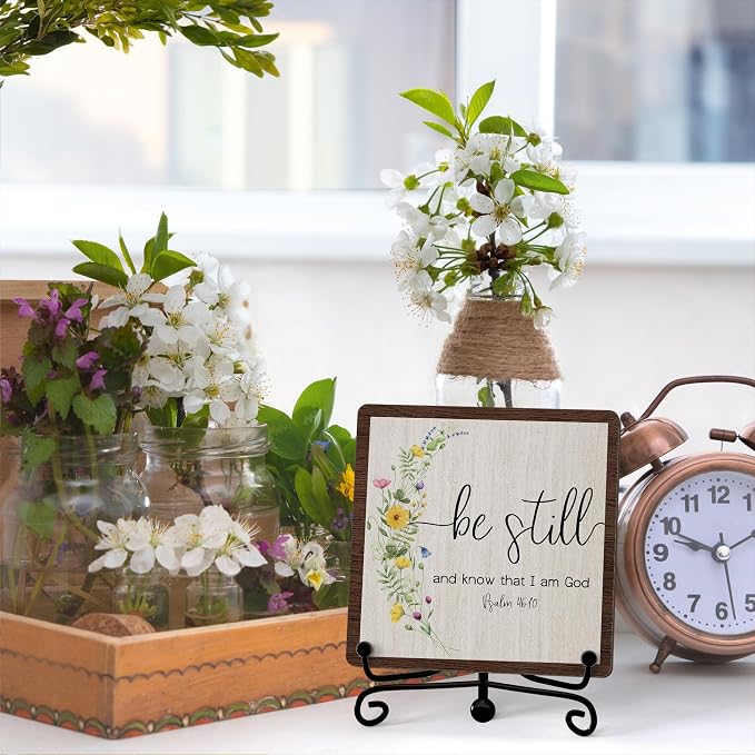 Inspirational Christian Desk Decor, Be Still And Know That I Am God Rutsic Sign, Desk Decorations For Office Home Living Room Bathroom, Eucalyptus Shelf Decor, Wooden Plaque With Stand (04)