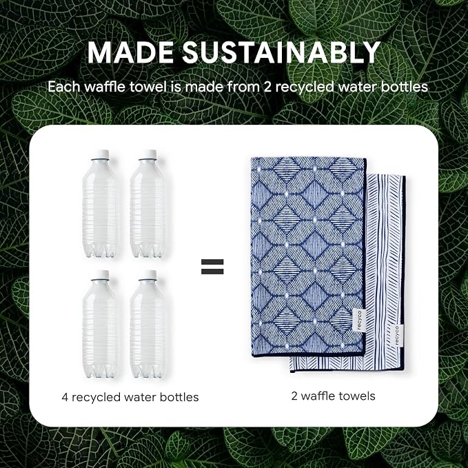 RECYCO Waffle Kitchen Towel Set of 2 - Quick Dry Microfiber Sustainable Dish Towels - Ultra Absorbent Reusable Cleaning Tea Towels - Lightweight Hand Towels,16”x 28”, Indigo Harmony