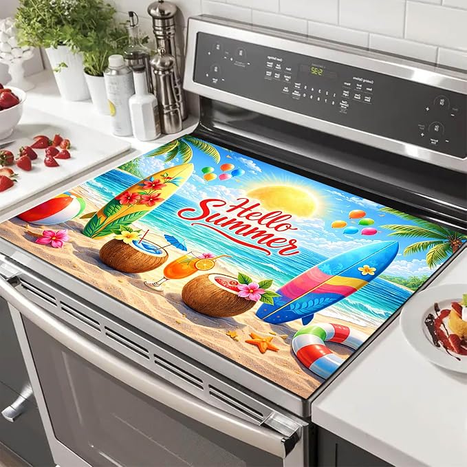 HOMETITUTE Hello Summer Stove Top Covers for Electric Stove 28x20 Inches Beach Surfboard Heat Resistant Glass Cooktop Protector Pad Decorative Stovetop Cover for Kitchen Coffee Bar Decor