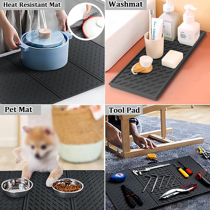 Dish Drying Mat for Kitchen Counter, Collapsible Trifold Large Dish Drainer Mat, Silicone Drying Mat with Hook, 24x16In Non-Slip Silicone Sink Mat, Easy to Clean, Black