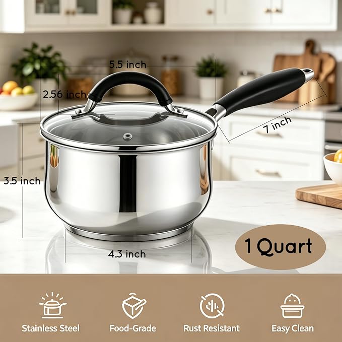 HaWare 1 Quart Saucepan, Stainless Steel Tri-Ply Bottom Sauce Pot with Lid