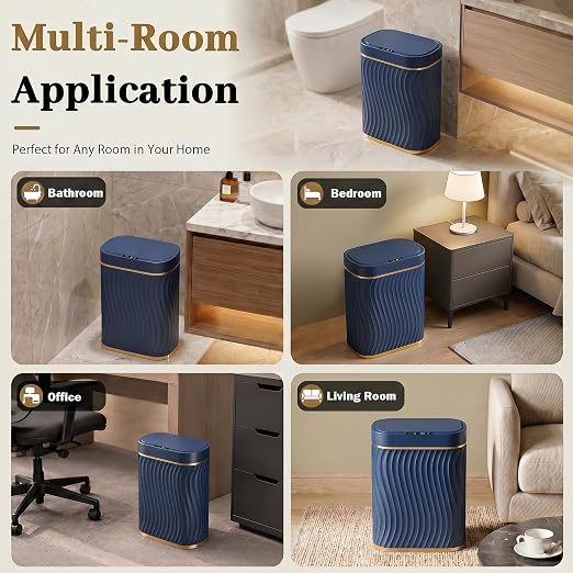 2.6 Gallon Automatic Bathroom Trash Can with Touchless Lid, Blue Gold | Motion Sensor Trash Can with Slim Waterproof Body; Small Plastic Garbage Can, hands-free lid for Bedroom, office, and kitchen
