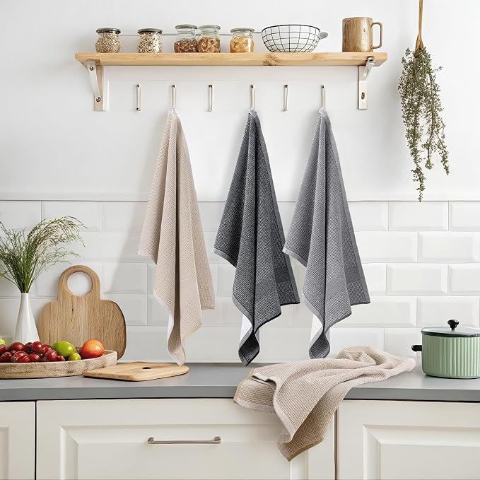 Mordimy Cotton Kitchen Towels (18"x 28", 12 Pack), Grey/Khaki/Black | 100% Ring Spun Cotton, Super Absorbent, 380 GSM, Flat & Terry, Soft, Hanging Loop Dish Towels